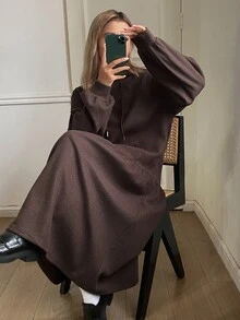 DAZY Dark Brown Hooded Drawstring Long Sleeve Patchwork Loose Fit Casual Mid-Length Dress, Versatile For Autumn/Winter - Brown - View 5