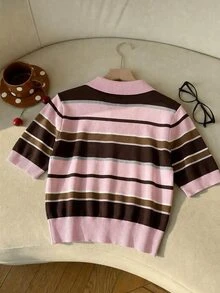 SHEIN EZwear 女款針織素色超火小眾學院風品牌，爆紅熊系列，超可愛 Polo 領短袖，適合春夏穿著 - 彩色 - 查看 2