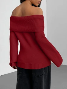 SHEIN Clasi 女款純色露肩休閒日常長袖針織衫 - 紅色 - 查看 2