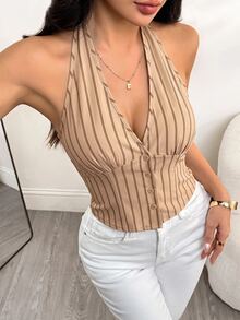 SHEIN PETITE 女款棉質條紋立領單排扣背心薄款西裝外套 秋冬款 - 摩卡棕 - 查看 12