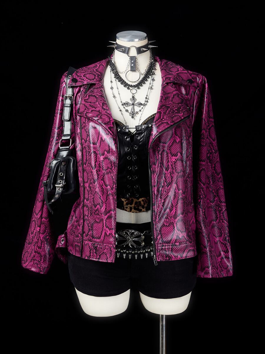 Sunspun Plus Size Women's Autumn/Winter Long Sleeve PU Snake Print Jacket, Motorcycle Style - Multicolor - View 1