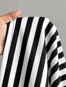 SHEIN EZwear 女款黑白條紋休閒舒適針織長袖衛衣，秋冬款 - 黑與白 - 查看 8
