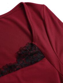 Sweetra Women's Deep Red Flared Long Sleeve Lace Trim Patchwork Fitted Mini Dress, Suitable For Commute, Party And Holiday - Burgundy - View 4