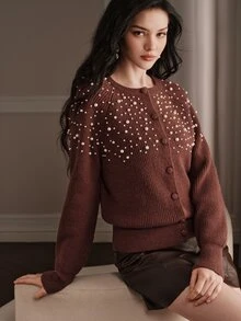 Anewsta Autumn/Winter Slouchy Relaxed Chic Luxury Fashion Beaded Knit Cardigan For Women, Suitable For Dating And Commuting - Brown - View 2