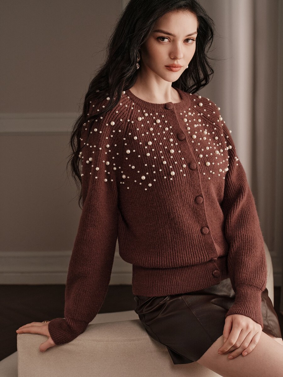Anewsta Autumn/Winter Slouchy Relaxed Chic Luxury Fashion Beaded Knit Cardigan For Women, Suitable For Dating And Commuting - Brown - View 1