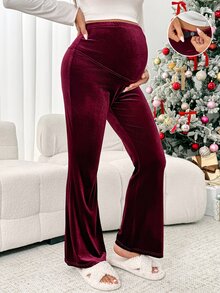 SHEIN Maternity Solid Color Adjustable Waist Flare Pants - Burgundy - View 1