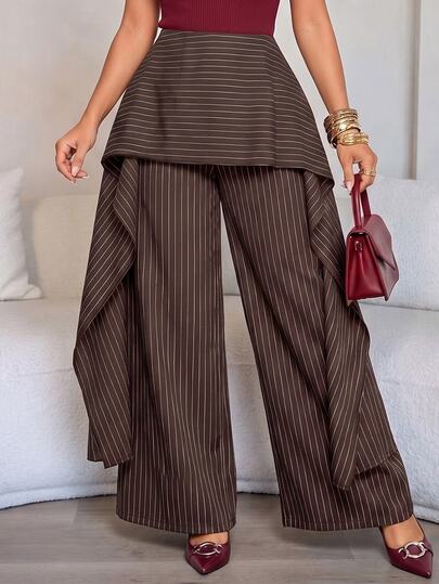 SOLERSUN Women's Autumn/Winter Striped Layered Skirt-Style Patchwork Wide Leg Pants, Dark Brown Long Pants