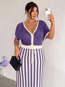 Firerie Plus Size Vintage Vacation Drawstring Tie Contrast Color Knit Dress - Purple - View 5
