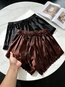 Sweetra Plus Size Casual Versatile Satin Drawstring Waist Shorts 2pcs Set - Multicolor - View 1