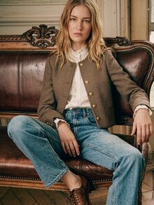 Écloséra Vintage French Elegant Beige Herringbone Tweed Short Jacket, Collarless Round Neck Design, Placket Cuffs Office Everyday Jeans Autumn - Brown - View 5