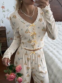 CottageSlumber Soft French Ditsy Floral Pajama Set, V-Neck Button Bow Long Sleeve Long Pants Loungewear - Yellow - View 3