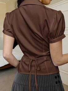 SHEIN EZwear 女款梭織素色短袖單排扣百褶襯衫 - 鏽棕色 - 查看 2