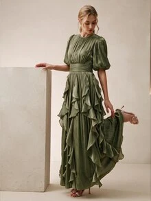 Anewsta 優雅女款短袖洋裝，浪漫優雅，抓皺腰部，時尚亮面波浪下擺，粉紅色，適合宴會、派對與會議 - 綠色 - 查看 3