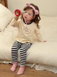 Dazy Kids Baby Girl Long Sleeve Top And Striped Long Pants Casual Daily Home Sleepwear Set Fall - Black and White - View 8