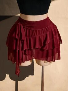 SHEIN ICON 女款大尺碼綁帶荷葉邊下擺迷你裙 - 酒紅色 - 查看 5