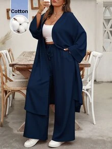 Auvina 2026新款大尺碼純棉長版開襟外套與寬鬆長褲休閒女裝兩件套，秋冬款 - 藏蓝色 - 查看 4
