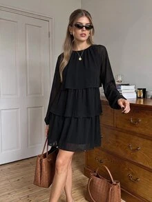 Serisse Women's Solid Color Round Neck Lantern Sleeve Patchwork Ruffle Hem Elegant Dress - Black - View 4