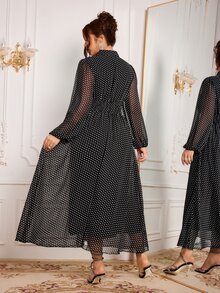 Modelyn Elegant Polka Dot Print Long Sleeve Cinched Waist A-Line Regular Fit Plus Size Dress For Spring And Autumn - Black - View 2