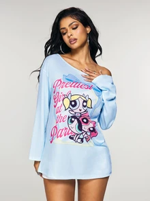THE POWERPUFF GIRLS X SHEIN Women's Letter Print Drop Shoulder Long Sleeve Casual T-Shirt - Baby Blue - View 4