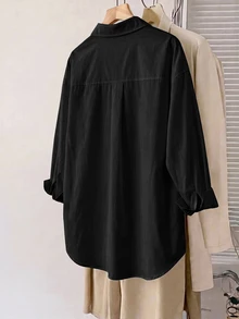 SHEIN CURVE+ 大尺碼秋冬寬鬆白色基本款長袖鈕扣襯衫上衣，2026 22W 秋季 - 黑色 - 查看 2