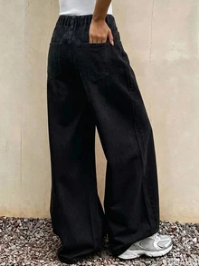 DAZY Teen Girl Pocket Wide Leg Loose Casual Versatile Denim Jeans - Black - View 4