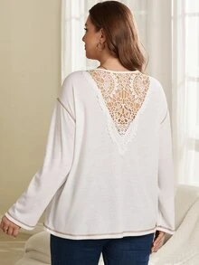 Rosumi Women's Plus Size Solid Color Back Contrast Lace Drop Shoulder Long Sleeve T-Shirt Fall Winter 2026 Women's Winter Clothes - White - View 1