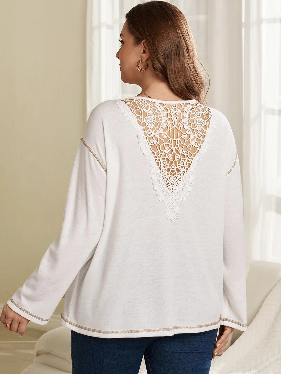 Rosumi Women's Plus Size Solid Color Back Contrast Lace Drop Shoulder Long Sleeve T-Shirt Fall Winter 2026 Women's Winter Clothes - White - View 1