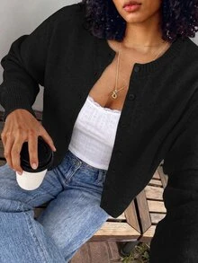 SHEIN BASICS 女款時尚極簡單排扣長袖針織開襟衫 - 黑色 - 查看 5