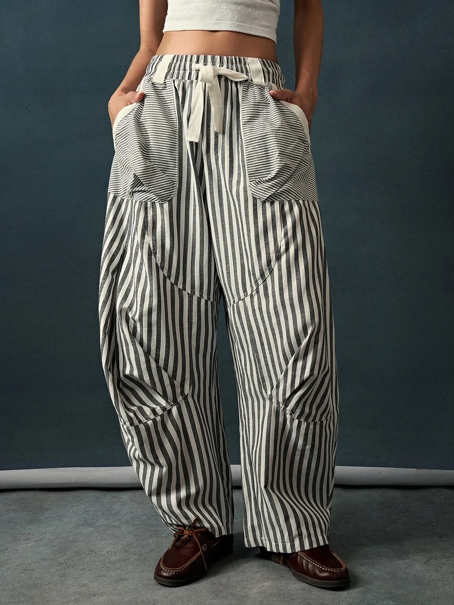 Bohemela Women's Striped Colorblock Drawstring Waist Pocket Loose Long Pants - Black and White - View 1