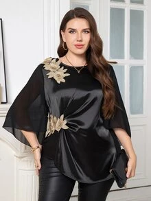 SHEIN Clasi Plus Size French Style 3D Floral Decor Pleated Satin Blouse - Black - View 4