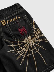 ROMWE Grunge Punk 夏季復古中性街頭龐克蜘蛛網刺繡寬鬆寬腿女款牛仔中長褲 - 黑色 - 查看 3