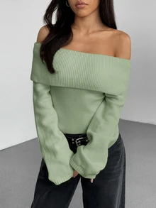 SHEIN Clasi 女款優雅露肩套頭毛衣，時尚款 - 綠色 - 查看 3
