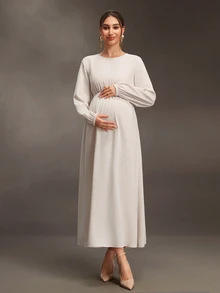 Cheriluna Maternity Maternity-D Women's White Round Neck Long Sleeve Waist-Cinching Long Maternity Dress, Spring/Autumn Fall Photoshoot Baby Shower Elegant Chic - Apricot - View 1