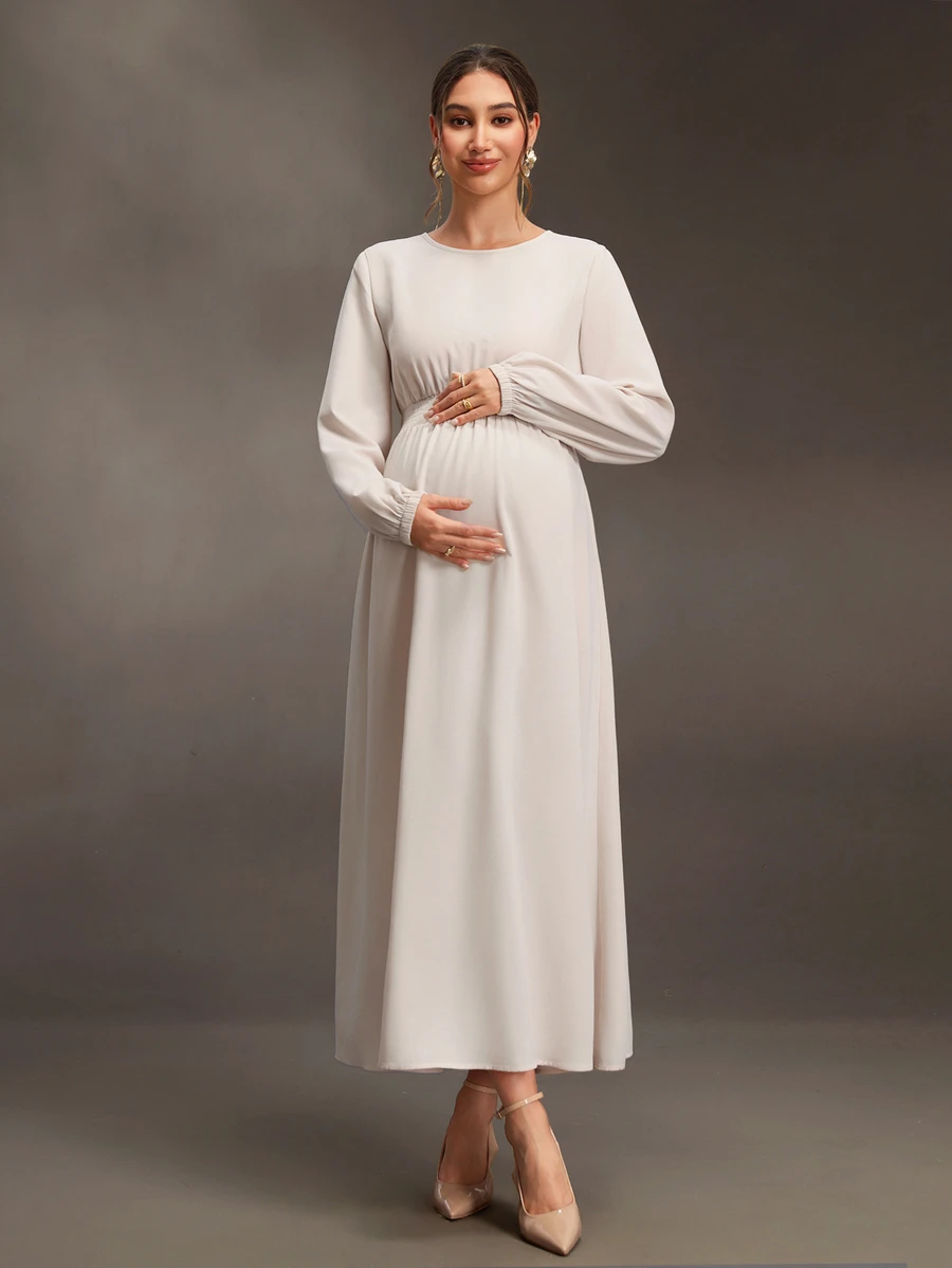 Cheriluna Maternity Maternity-D Women's White Round Neck Long Sleeve Waist-Cinching Long Maternity Dress, Spring/Autumn Fall Photoshoot Baby Shower Elegant Chic - Apricot - View 1
