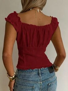 SHEIN EZwear 酒紅色編織波浪邊女款襯衫 - 酒紅色 - 查看 2