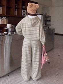 Tween Girls Hooded Drop Shoulder Sweatshirt And Straight Leg Pants 2 Pieces Set With Cartoon Pattern, Suitable For Autumn/Winter - Multicolor - View 2