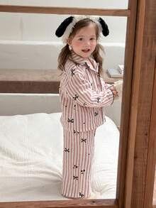DAZY Infant/Toddler (Girl) Collared Striped All-Over Print Comfortable Long Sleeve Shirt & Long Pants 2 Pieces Set Loungewear - Baby Pink - View 8
