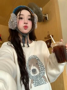 DAZY Women's Round Neck Cartoon Dog Headscarf Korean Style Spring Summer Short Sleeve T-Shirt Fall - Grey - View 1