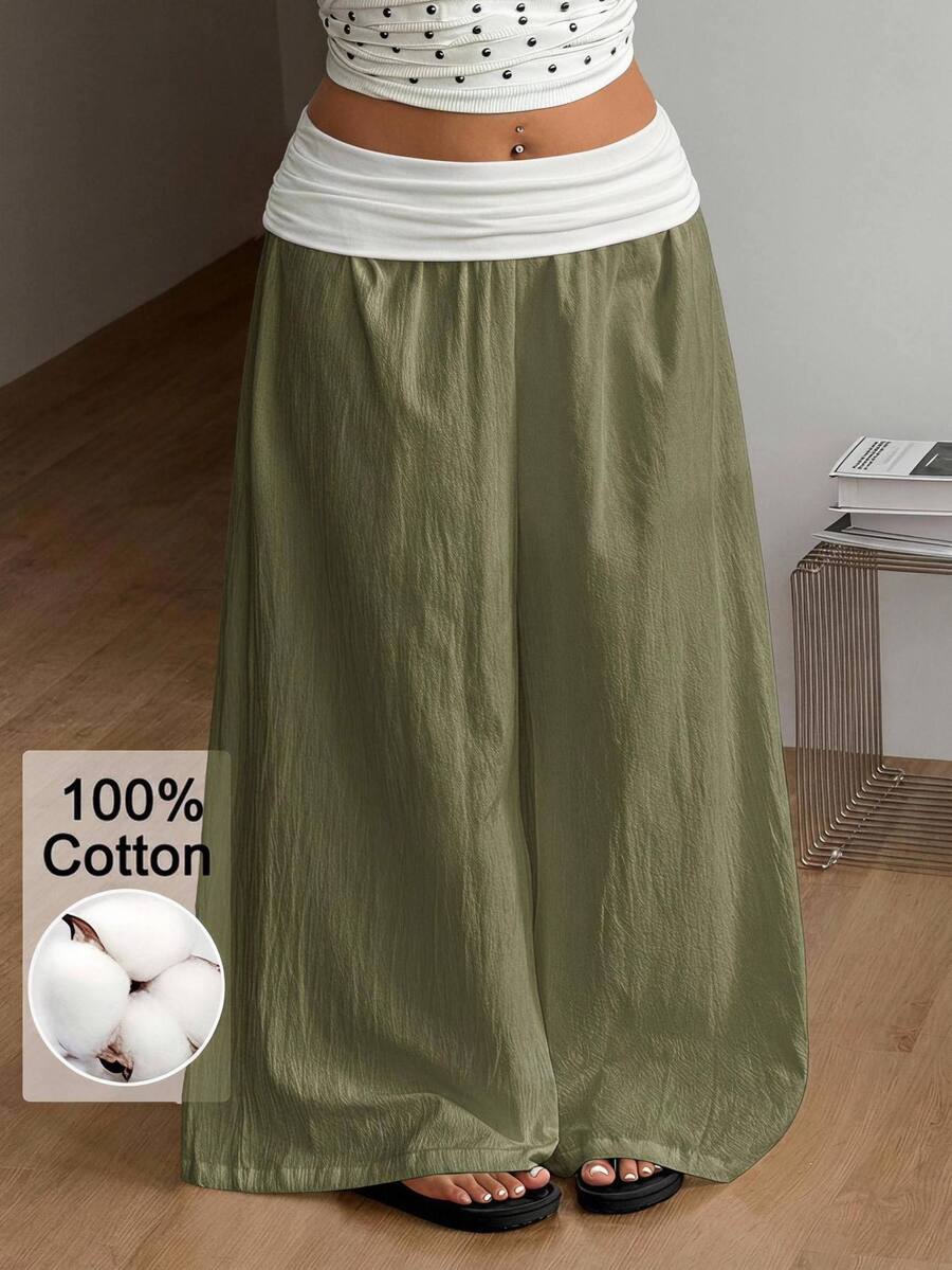 Coolane Women's Plus Size Summer Fall Going Out Elegant Vacation Country Concert Boho Basic 100 Cotton Color-Blocked White Green Mid-Waist Wide Leg Pants - Army Green - View 1