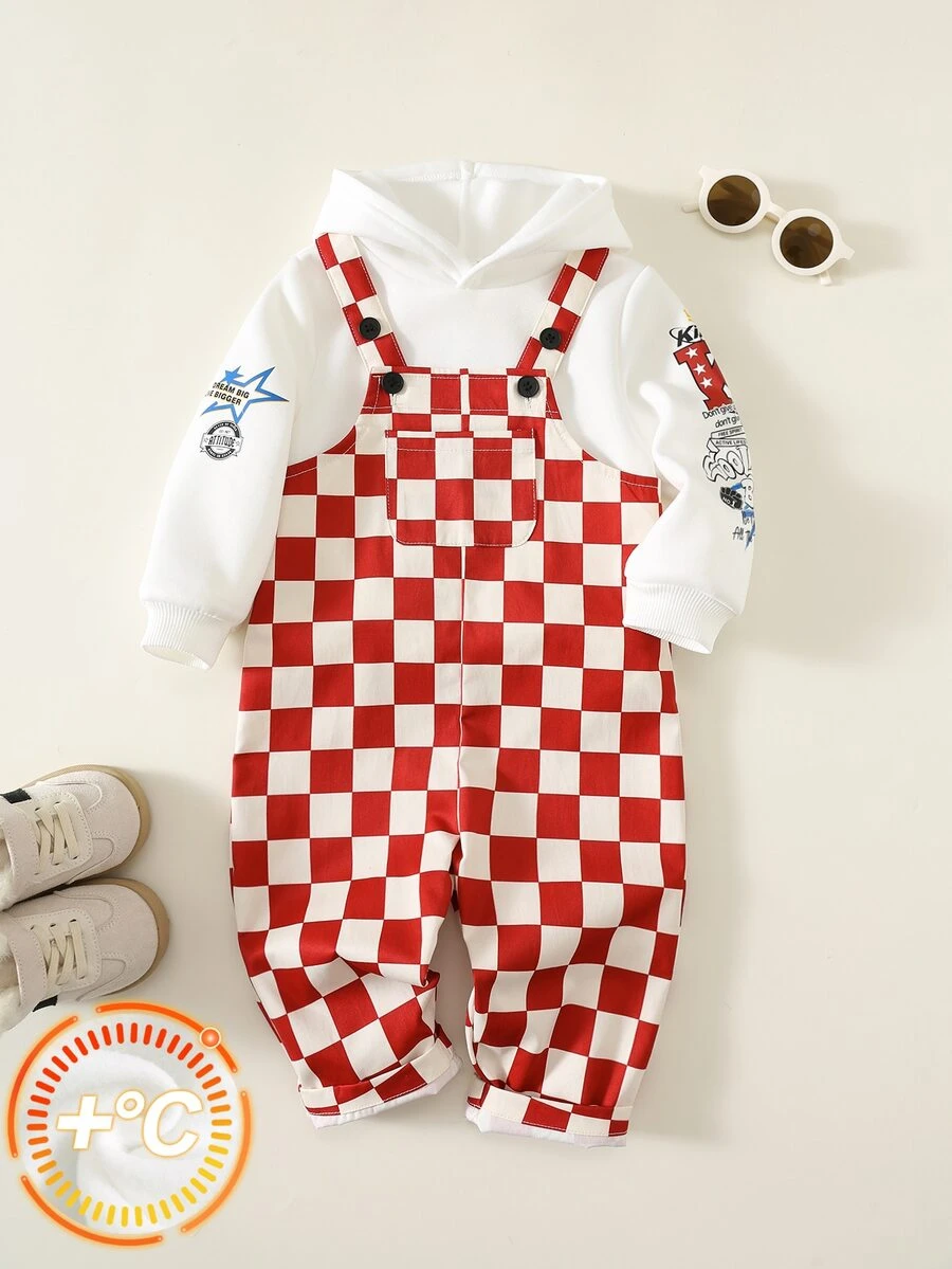 SHEIN 2pcs Baby Boy Cartoon Animal Pattern Soft Knit Crew Neck Long Sleeve Pullover Sweatshirt & Red Checkered Overall Romper Set, Infant Outfit Set, Red Outfit Set, Overall Suit Set - Multicolor - View 1