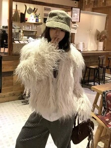 Livesso White Long Curly Faux Fur Loose Short Open Front Long Sleeve Fashion Jacket - White - View 6