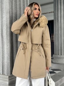 Pariaura Jaket Parka Kerah Bulu Baru untuk Wanita, Mantel Berbantalan Pinggang yang Modis dan Serbaguna - Khaki - View 3