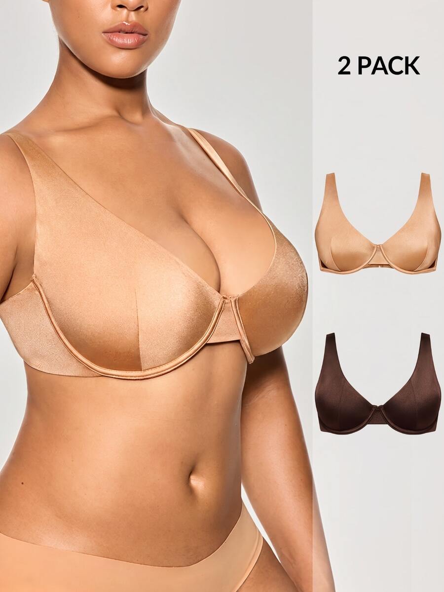 SHAPORA 1pc Plus Size Premium Apricot Underwire Push-Up Bra With 3-Row Hook And Side-Smoothing Design For Women - Multicolor - View 1