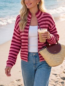 Sylviya Cardigan Rajut Wanita Kasual dengan Resleting dan Motif Garis-Garis Warna-warni - MultiWarna - View 3