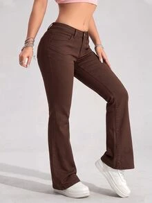 SHEIN PETITE 低腰修身喇叭牛仔褲 - 咖啡棕 - 查看 6