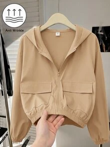 SHEIN 兒童青少年女孩外套 秋冬新款 黑色梭織素色貼袋短版寬鬆休閒連帽夾克 返校季 - 駝色 - 查看 3