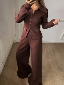 Livesso Women's 2pcs Set Brown Round Neck Long Sleeve Knit Sweater And High Waist Slim Fit Ribbed Knit Pants, Autumn/Winter - Brown - View 3