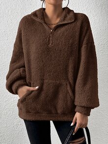 SHEIN EZwear 女款純色落肩長袖半拉鍊口袋休閒運動衫 - 棕色 - 查看 3