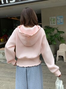 DAZY Pink Ruffle Trim Hooded Zipper Waist-Cinching Ruched Hem Long Sleeve Cropped Casual Cute Sweatshirt Jacket Fall - Pink - View 2