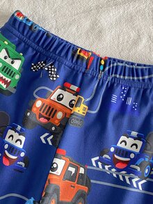 SHEIN 2件組秋冬男童幼兒貼身睡衣套裝，可愛卡通酷車挖掘機工程車印花，柔軟舒適高彈力長袖褲兩件式居家服 - 藍色 - 查看 5